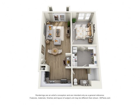 Floor plan for 1 bed, 1 bath, 775 sqft